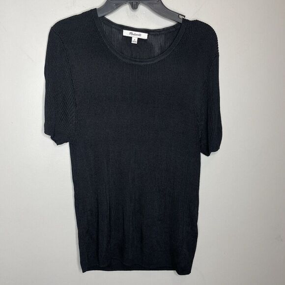 MADEWELL Sweater Tee Women Small Black Micro-Rib Knit Stretch Viscose NQ337 - Picture 1 of 13